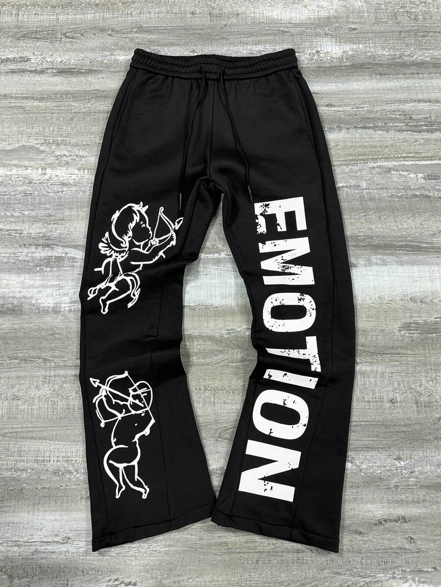 Manfinity EMRG Men's Casual American Street Style Letter & Angel Print Sweatpants, Autumn, Y2k Angel Graphic Drawstring Waist Sweatpants, Black Street Wear Long Sweatpants, For Husband, Boyfriend Gifts