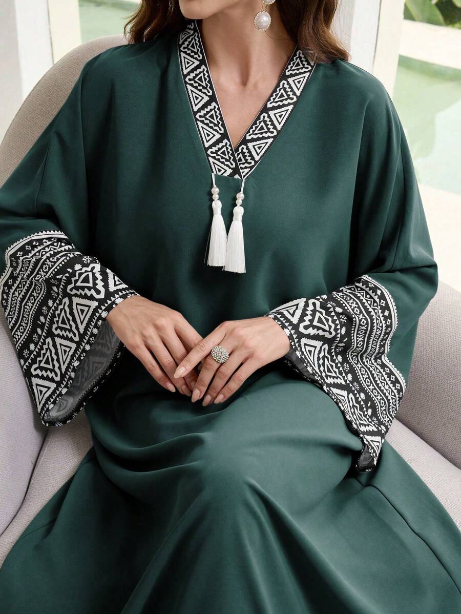 Al Najma Vestido árabe de manga murciélago con estampado geométrico, de manga larga, informal y modesto para el otoño, tipo kaftan
