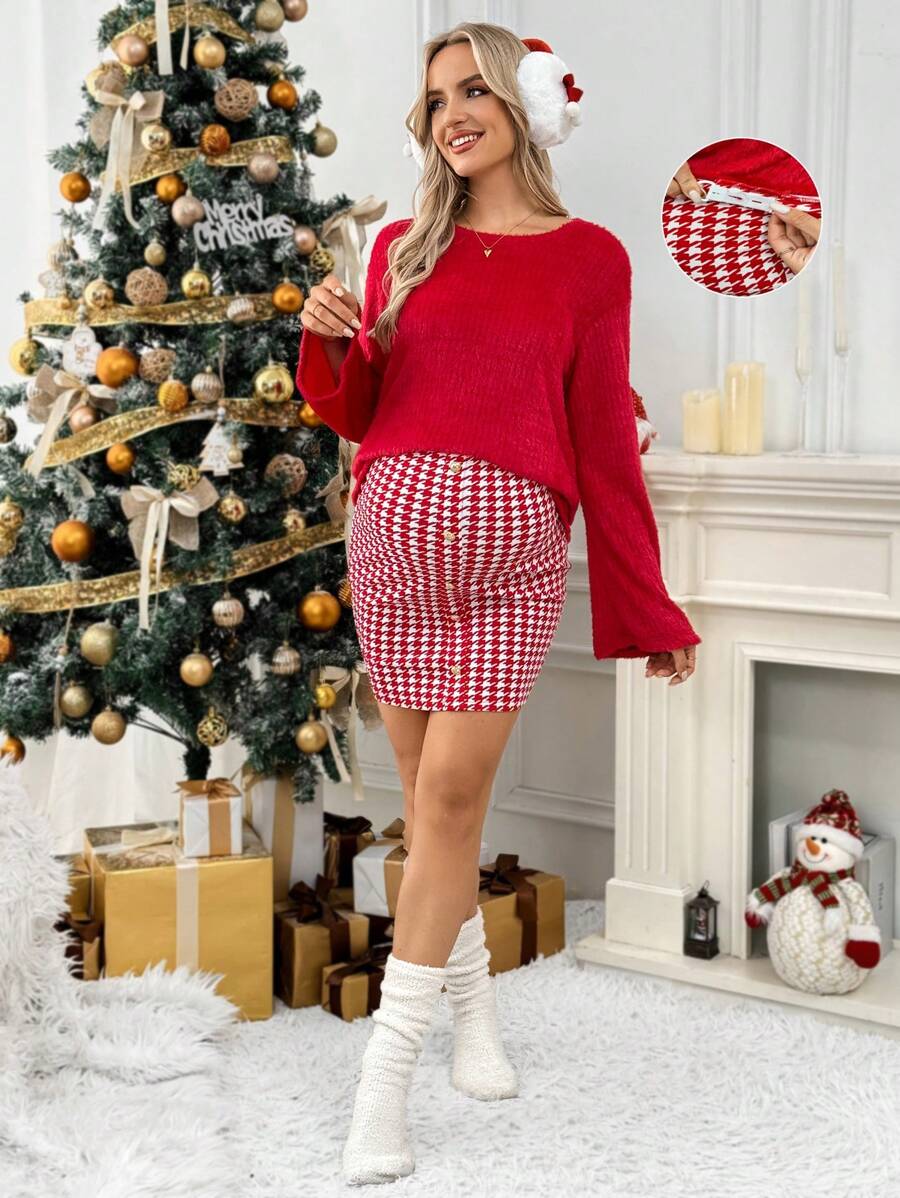 SHEIN Maternity 2pcs/Set Outfit - Solid Color Round Neck Long Sleeve Top And Adjustable Waist Houndstooth Skirt