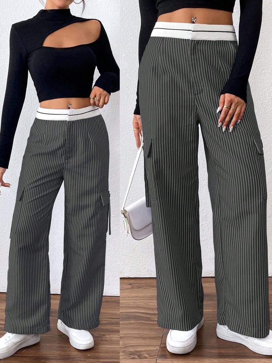 Flirla Women Striped Print Casual Straight Leg Pants With Pockets