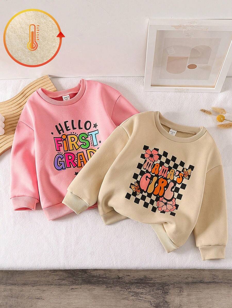 SHEIN Young Girls Solid Color Cartoon Letter Print Crew Neck Loose Fit Thermal Lined Sweatshirt, Autumn Winter