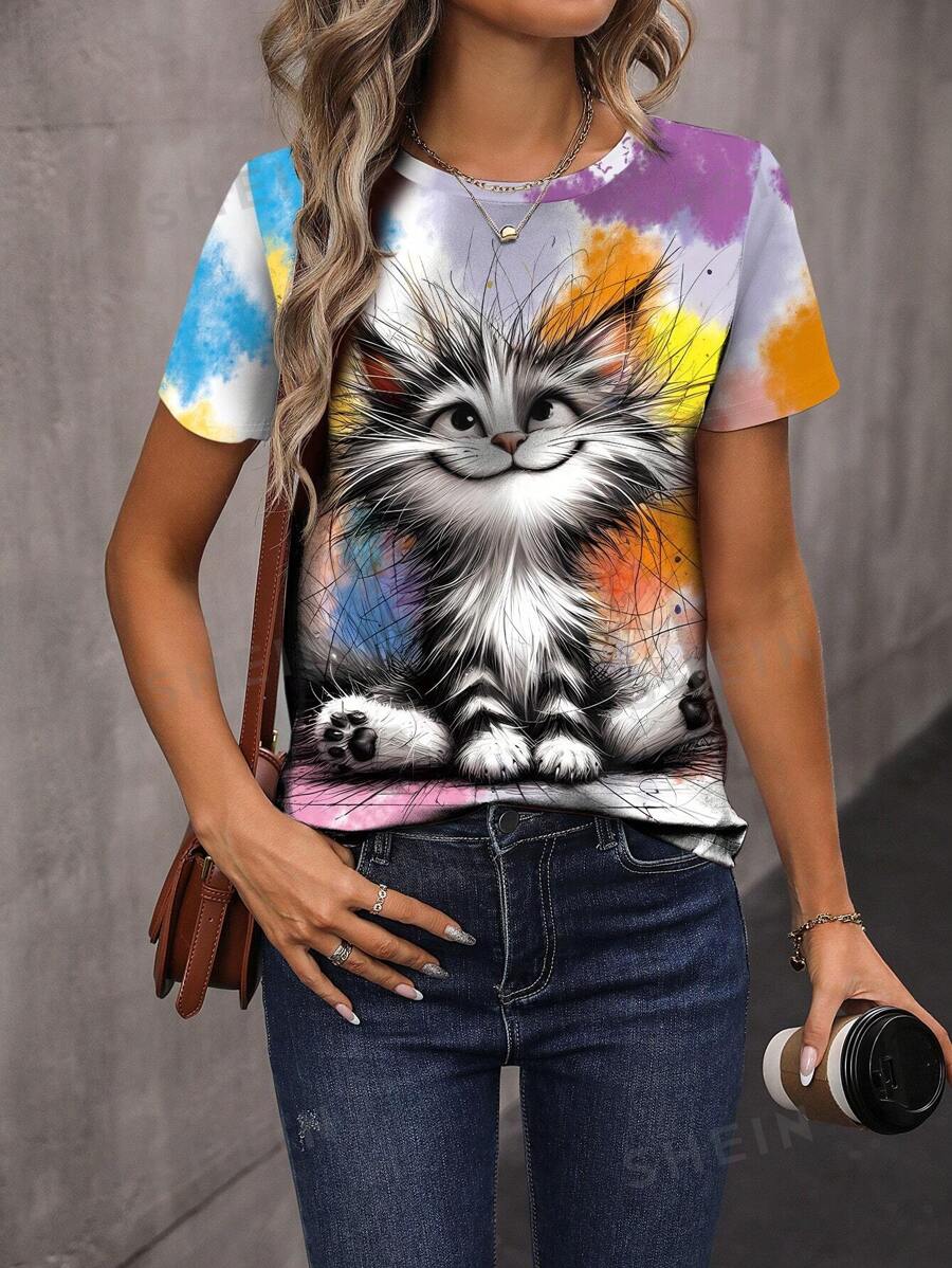 INAWLY Camiseta de manga corta casual con gráfico de gato para mujeres, blusas con estampado gráfico para mujeres