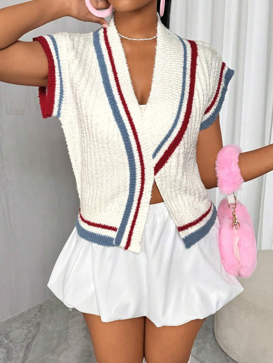 VaVaBold New Casual Loose Sporty Knitted Sweater Vest For Women, Asymmetrical Crossover Neckline, Color Blocking, Fluffy Texture