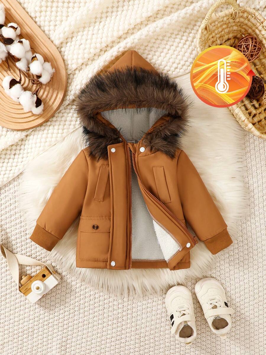 Babyjongen Winter Thermische Gevoerde Capuchon Ritsjack Met Pluizige Kraag En Zakken, Warm En Modieus
