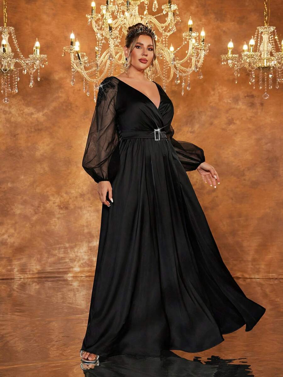 SHEIN Belle Plus Size Black Handmade Embroidered 3D Pearls Satin & Denim A-Line Slit Elegant Formal Evening Gown, Long Sleeve Prom Dress, For Wedding Guest, Graduation, Dinner