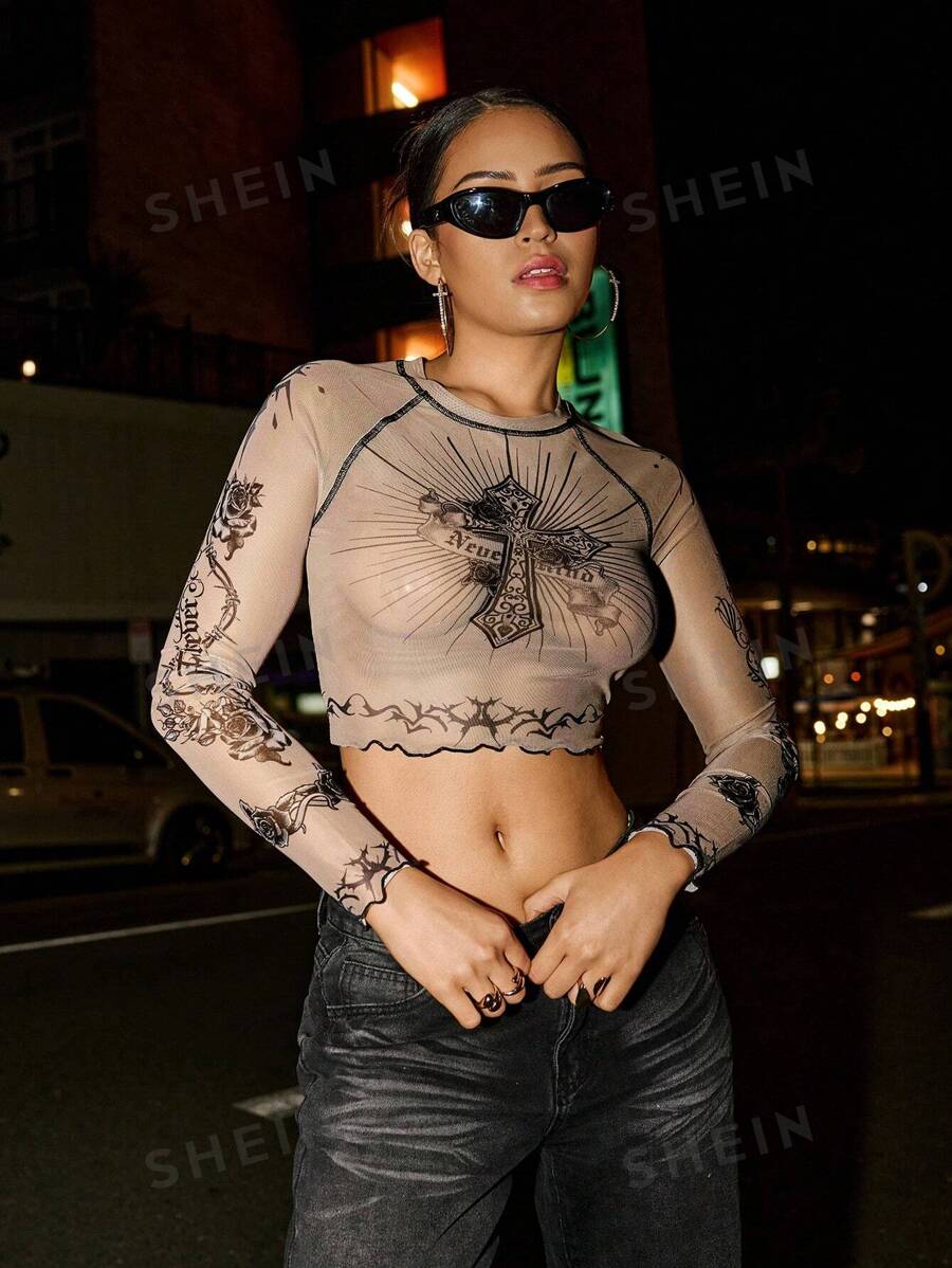 SHEIN ICON Top corto transparente con detalles de contraste, estampado de cruz y diseño slim para mujer, ropa urbana sexy