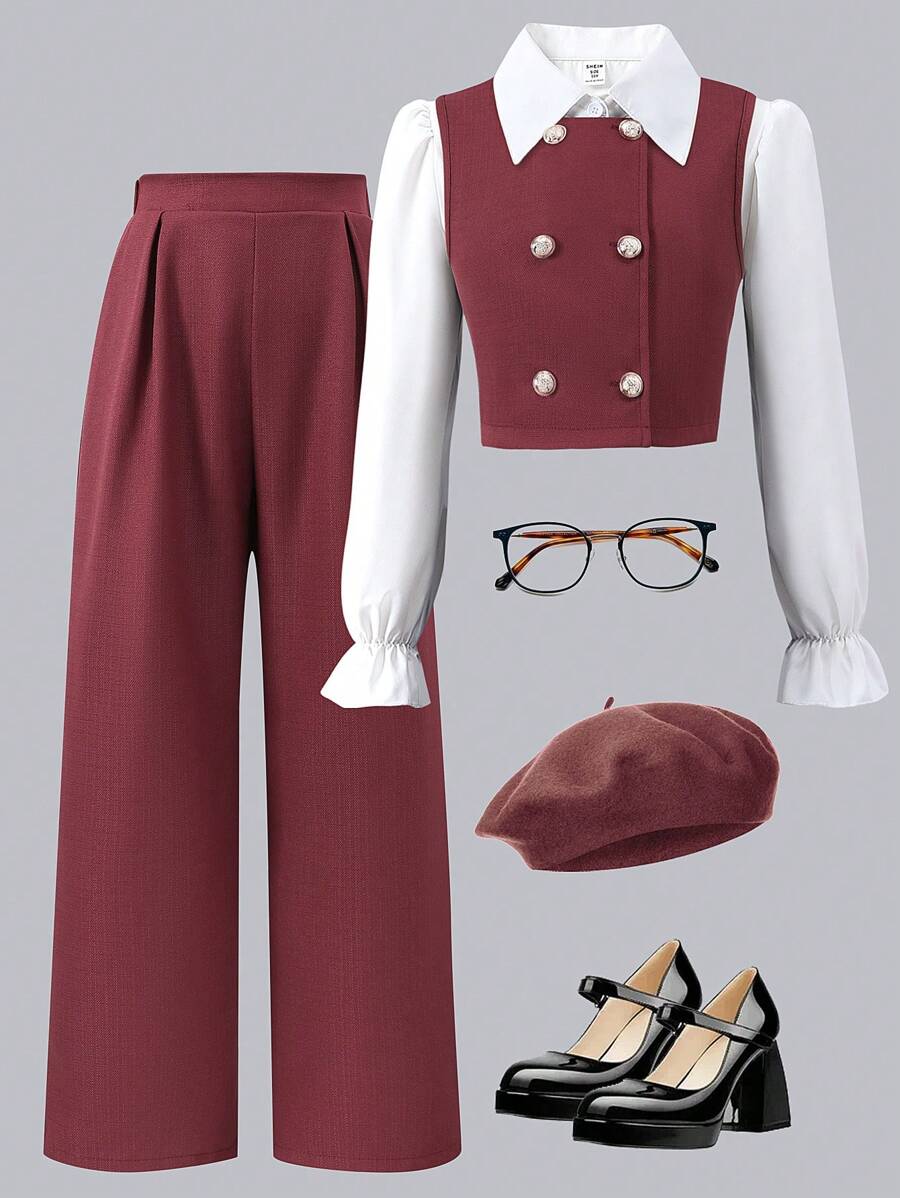 Tween Girls' Elegant 3-Piece Set: White Collared Long Sleeve Shirt, Double-Breasted Sleeveless Vest, And Pants