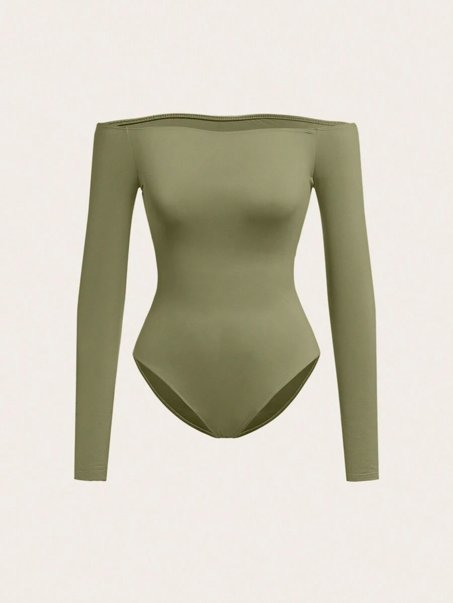 SHEIN BASICS Women's Solid Color Off Shoulder Long Sleeve Casual Bodysuit
