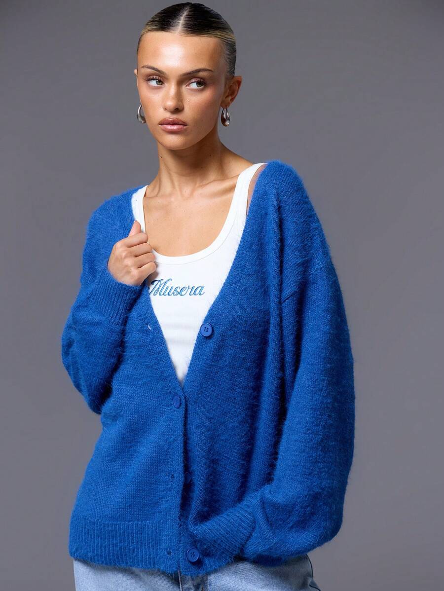 MUSERA Cárdigan de punto de mohair con abotonadura, básico lindo del estilo Y2K de los 90, casual, para aeropuerto y vacaciones, oversize