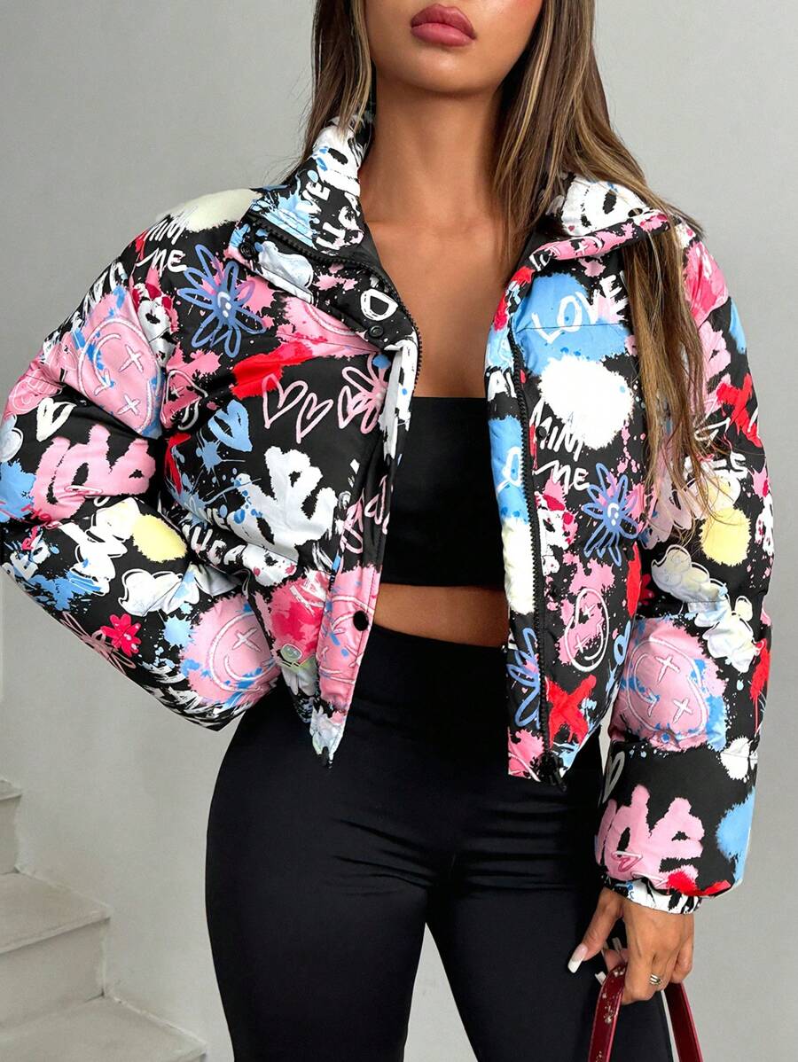 SHEIN EZwear Women's Winter Fashion Graffiti Printed Padded Coat