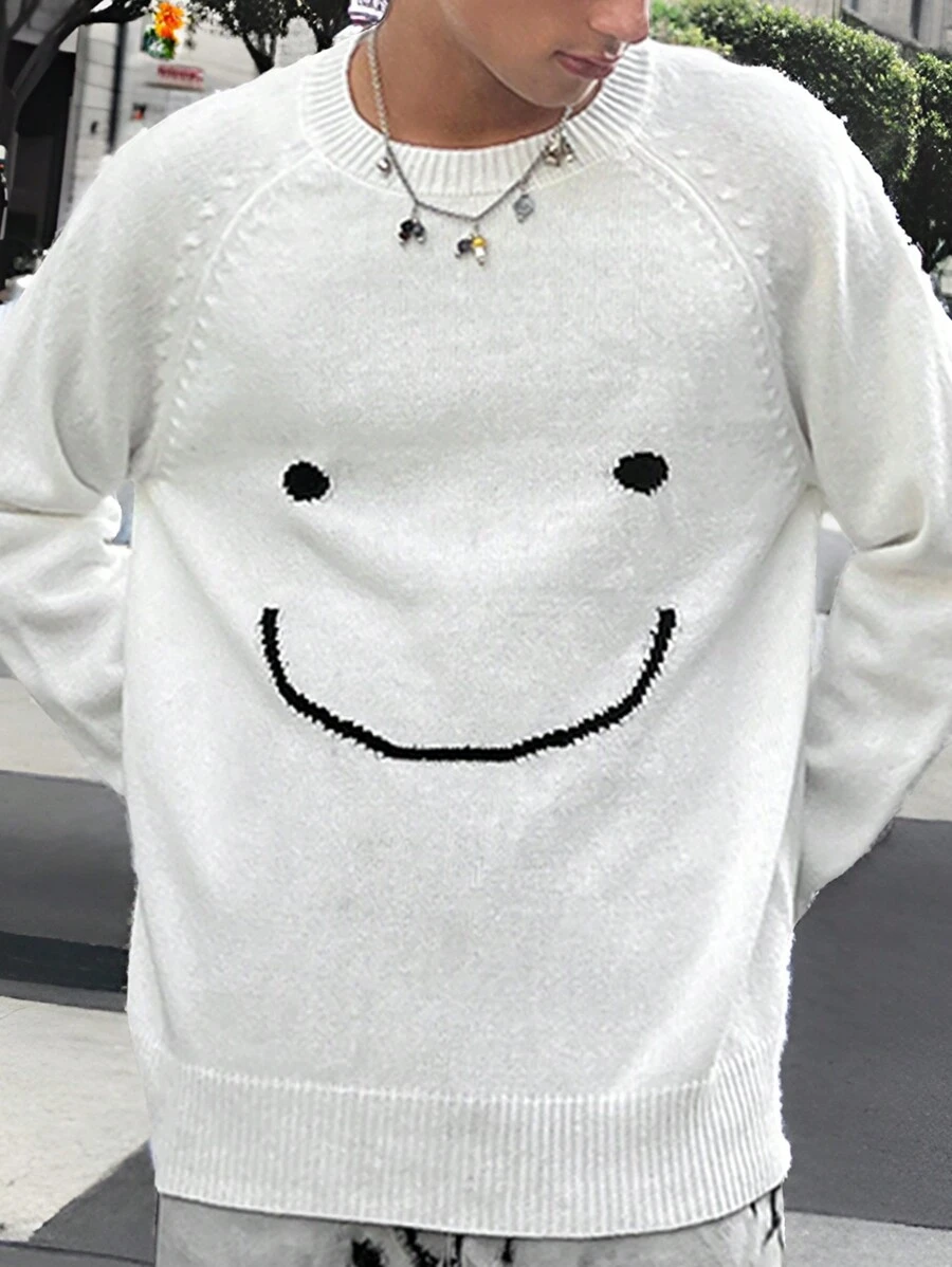 Manfinity VCAY 1 pieza Ropa de hombre estilo Y2K Ajuste casual divertido de alta calle Estilo vintage Suéter con gráfico de sonrisa para hombres Ropa de otoño Ropa de Halloween Pijamas de Halloween Suéteres de Halloween a juego Ajuste limpio Cálido y grueso