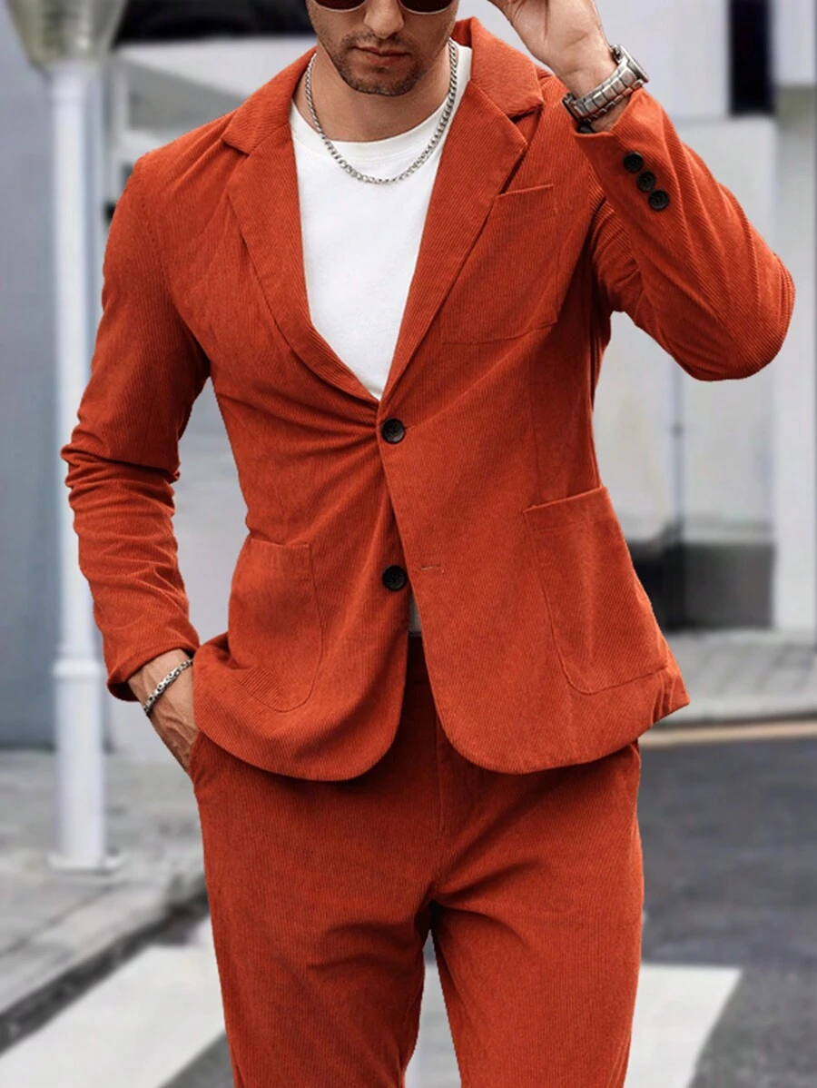 Manfinity Mode 2pcs Men's Plain Stand Collar Long Sleeve Blazer And Pants Casual Suit Set, Spring Autumn