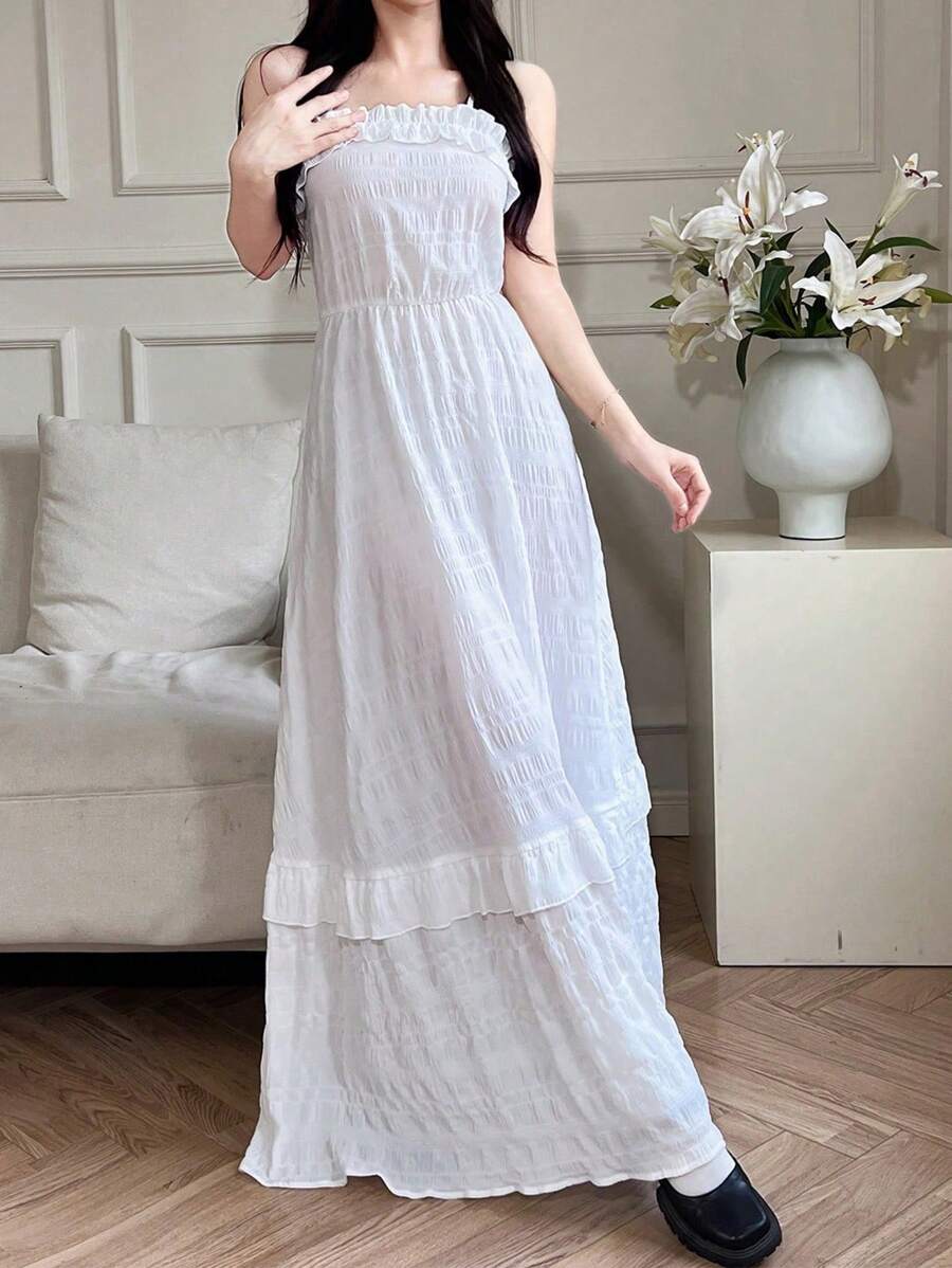 SHEIN Unity Women's Solid Color Frill Trim Casual Midi Slip Dress For Summer
