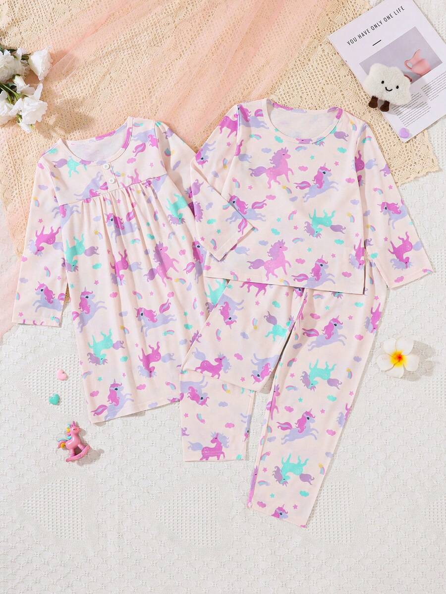 Young Girl' Light Peach Unicorn Allover Print Long Sleeve Nightgown & Round Neck Long Sleeve Pants Set, Flame Retardant Loungewear Suitable For Family Party And Photoshoot