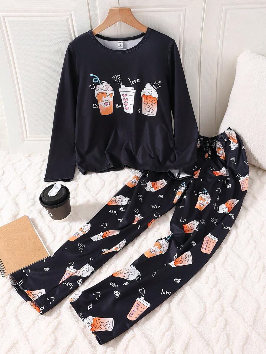 2 stuks/set Tween Girl drankfles grafische contrasterende kleur broek & ronde hals lange mouw top brandvertragende loungewear set