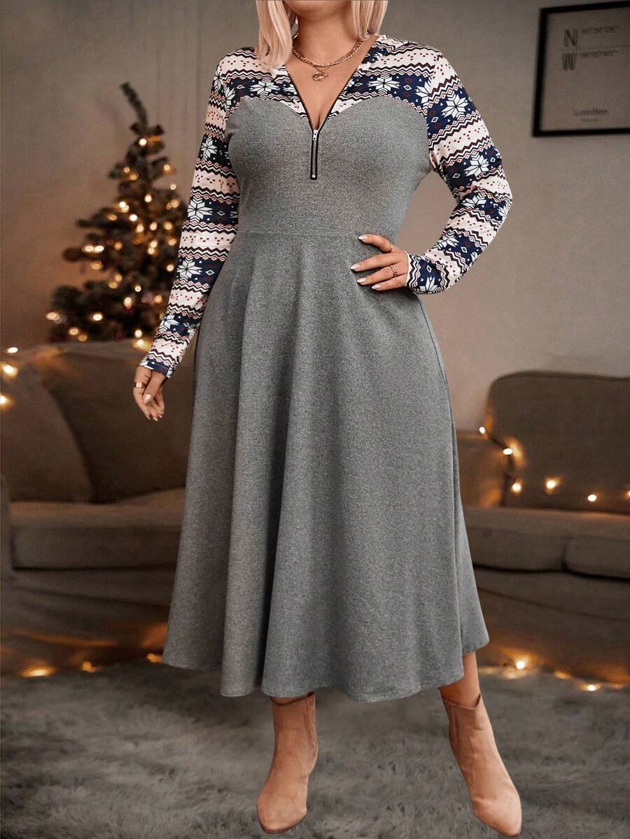 Plus Size Women's Snowflake Pattern Zip-Up Half-Placket Long Sleeve Casual Dress,Christmas