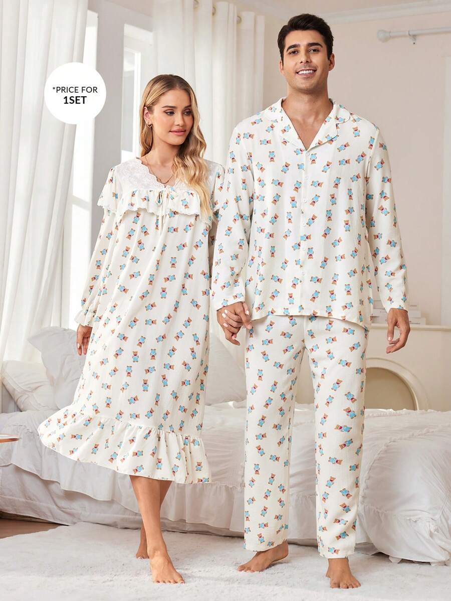 CoupledUp Cute Blue Bear Print Lapel Cardigan Men Sleepwear Set