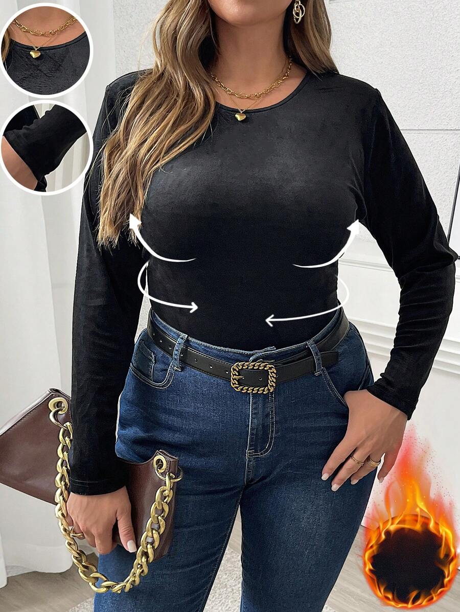 SHEIN LUNE Camiseta de manga larga de cuello redondo con ajuste entallado de unicolor en talla grande