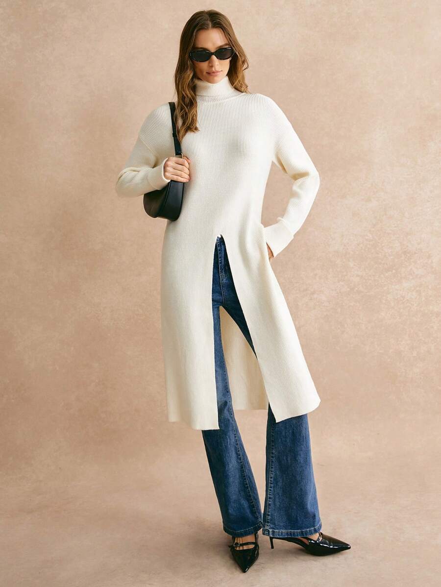 Poéselle Long Apricot Sweater,Long Turtleneck Slit Sweater,Women High Collar Dropped Shoulder Solid Color Long Sleeve Split Hem Casual Sweater, Autumn/Winter,Fall Women Outfits,Fall Sweaters,Old Money StyleWarm And Comfortable, Suitable For Daily Street, Home, Commuting And Other Occasions To Wear