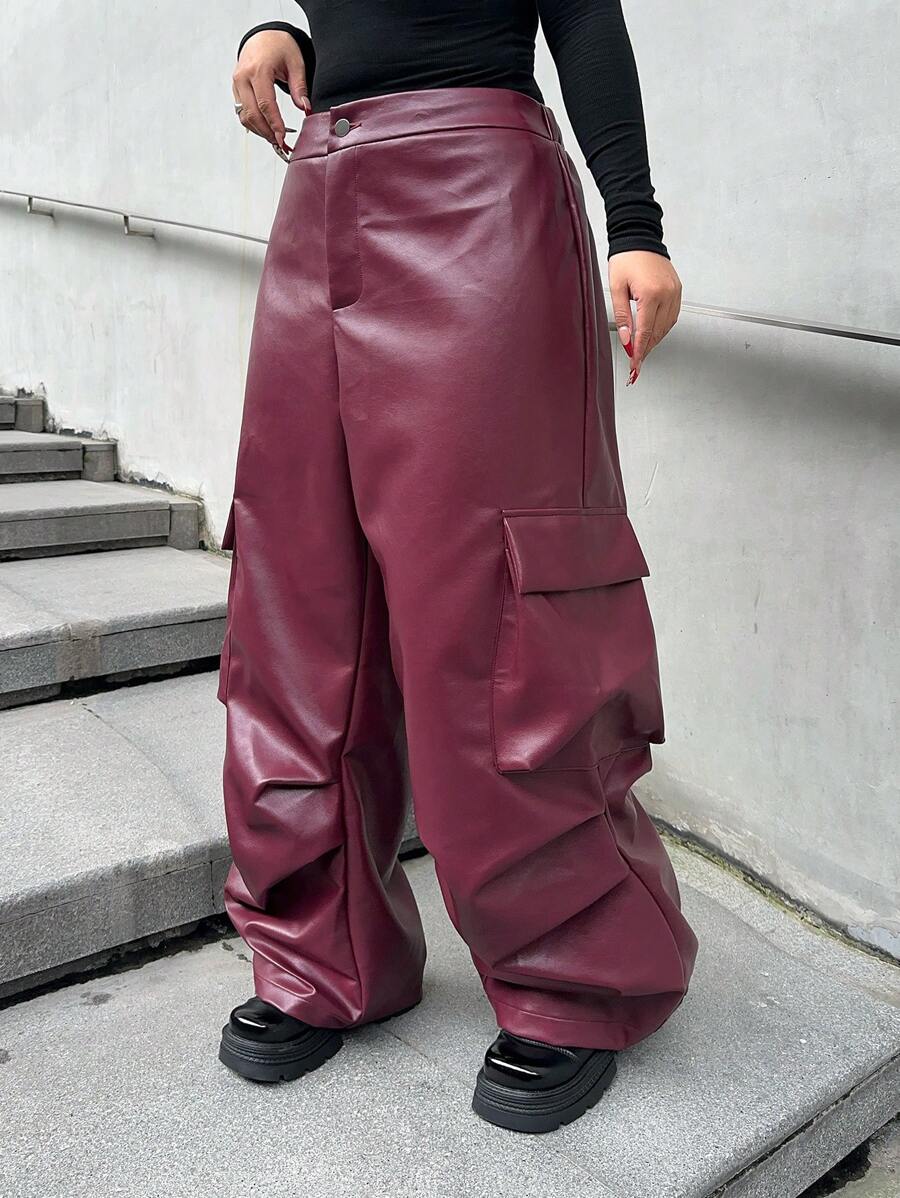Flirla Plus Size Casual Solid Color Streetwear Multi-Pocket Straight Leg Cargo Pants