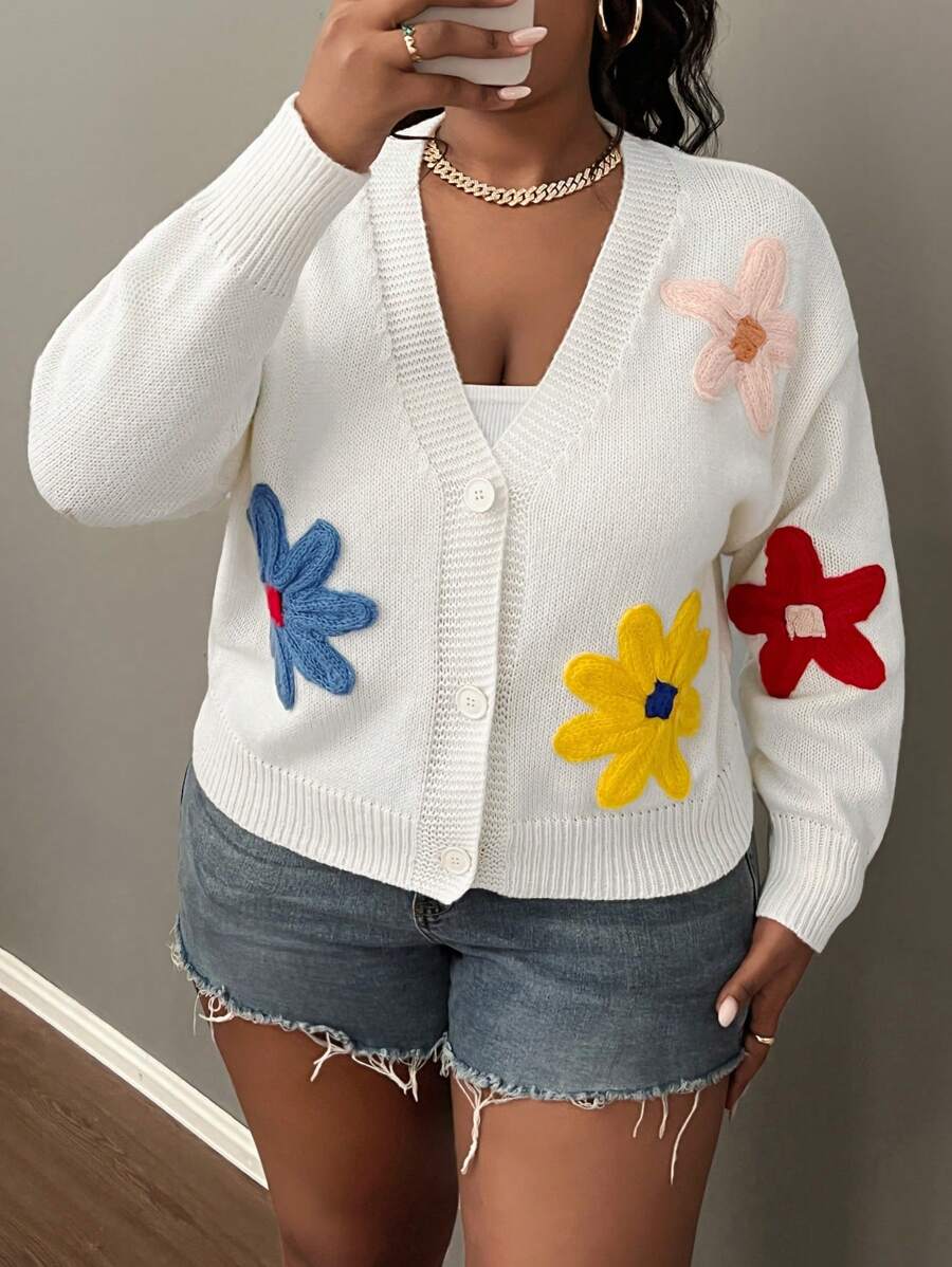 Slaydiva Cardigan tricoté ample à encolure en V, décoré de fleurs 3D colorées et amusantes, en tailles plus, pour l'automne/l'hiver