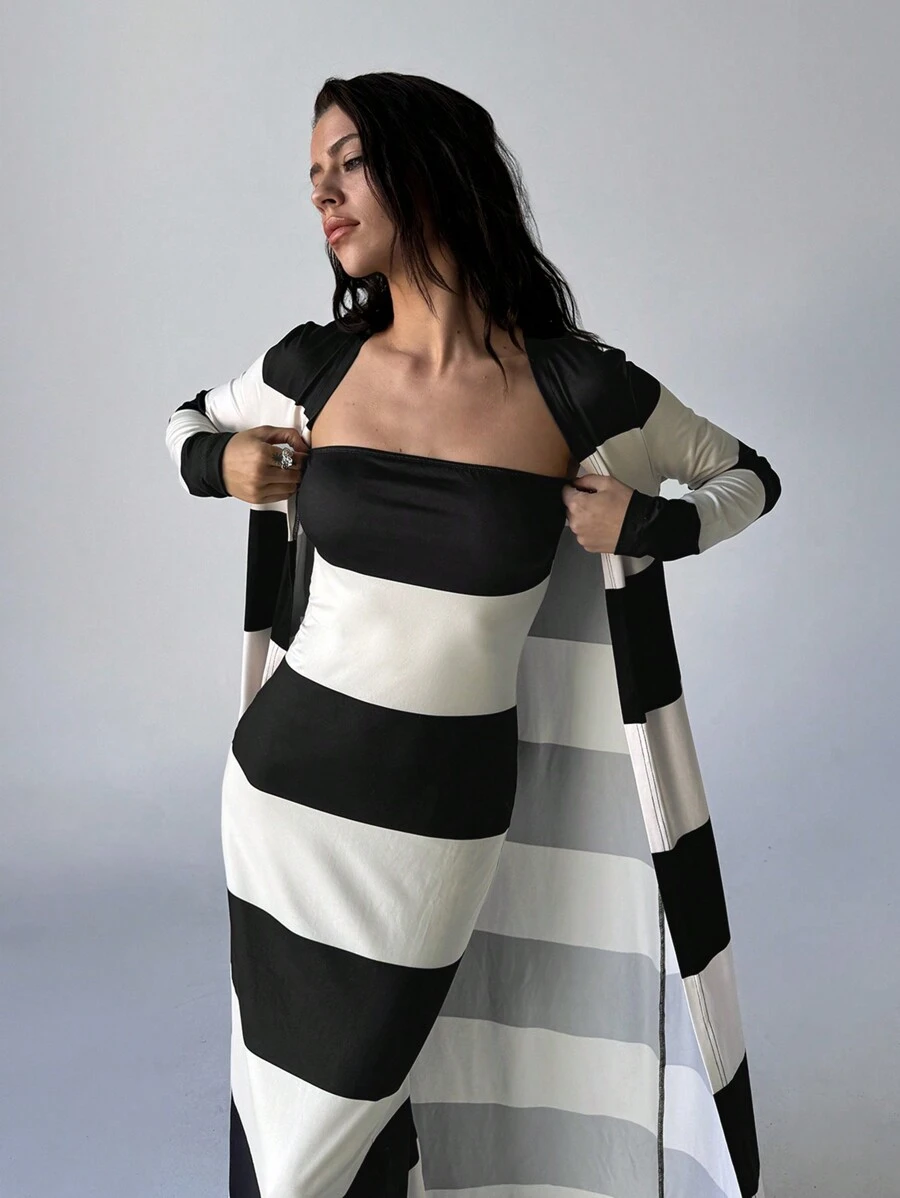 Aloruh Conjunto de 2 piezas para mujer de otoño: Elegante vestido tubo de bloques de color con rayas y chaqueta larga. Un conjunto de 2 piezas para el tiempo libre y la comodidad en el hogar de la mujer, y un sencillo conjunto de vestido para ir al trabajo con rayas en blanco y negro