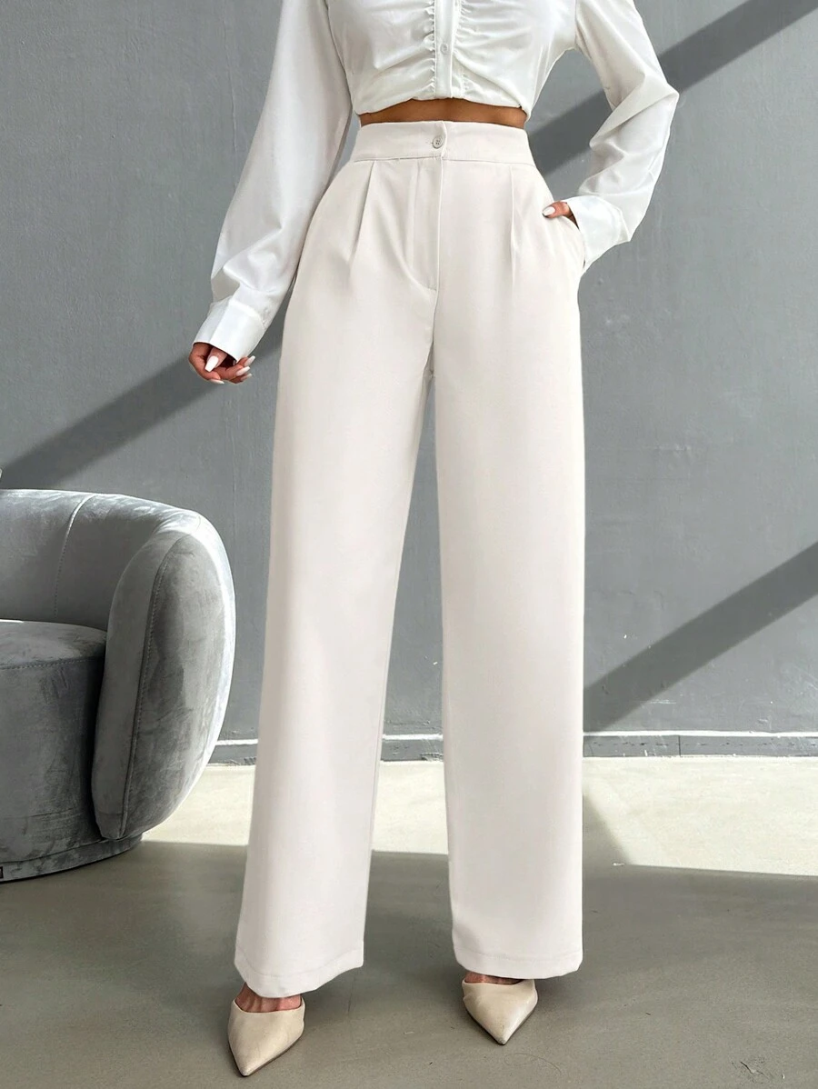 Pantalon à jambe droite avec détail plissé et taille haute, boutons élégants pour dames au printemps/automne, poches, fermeture éclair, taille haute, jambe large longue, ample, couleur abricot, pantalon pour femmes, porter au quotidien de manière décontractée