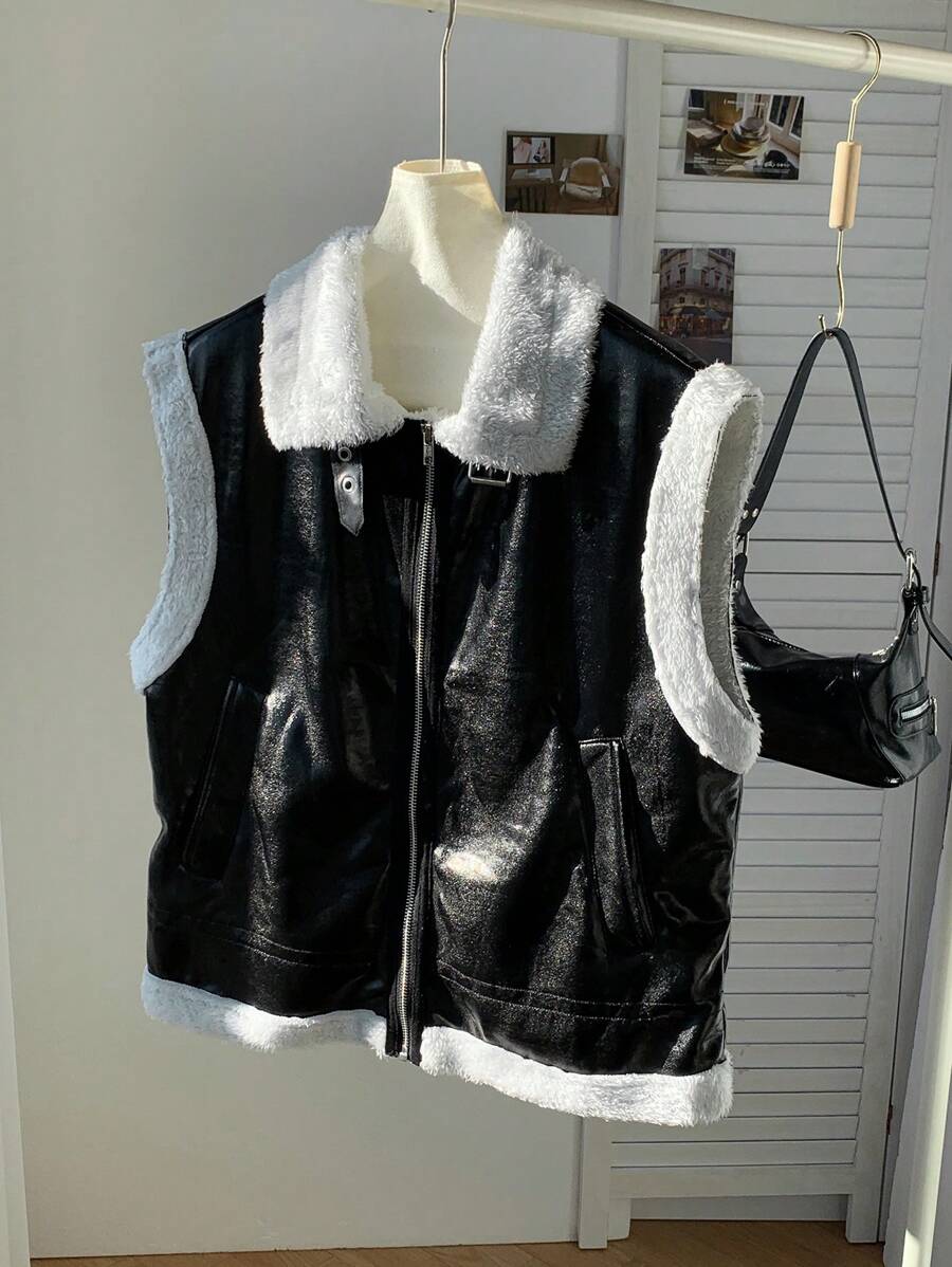 Comfortcana Black And White Fur Integrated OU Vest Suede Jacket