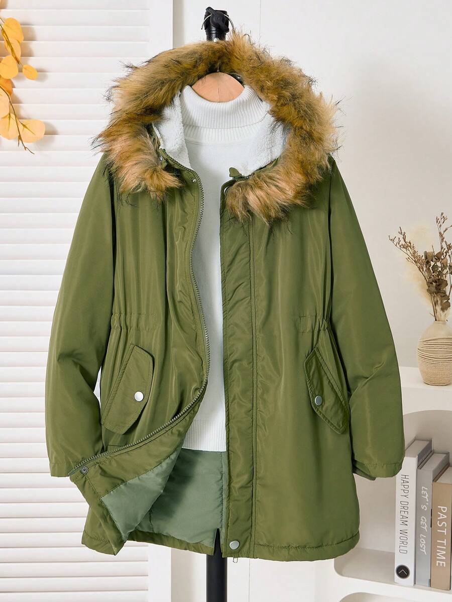 2 peças de jaqueta grossa com capuz de lã verde militar para meninos pré-adolescentes, moderna e estilosa, adequada para outono/inverno