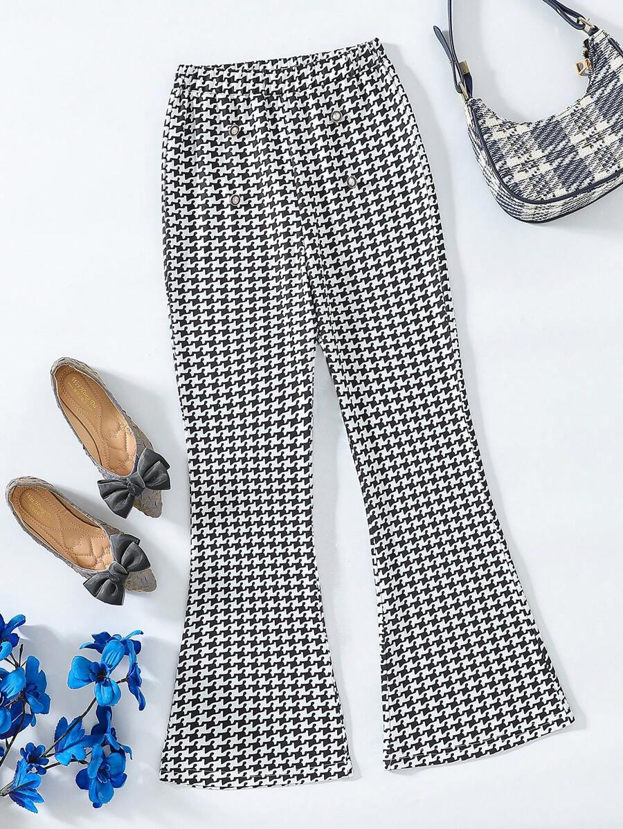SHEIN Tween Girls Houndstooth Print Double-Breasted Flared Casual Pants