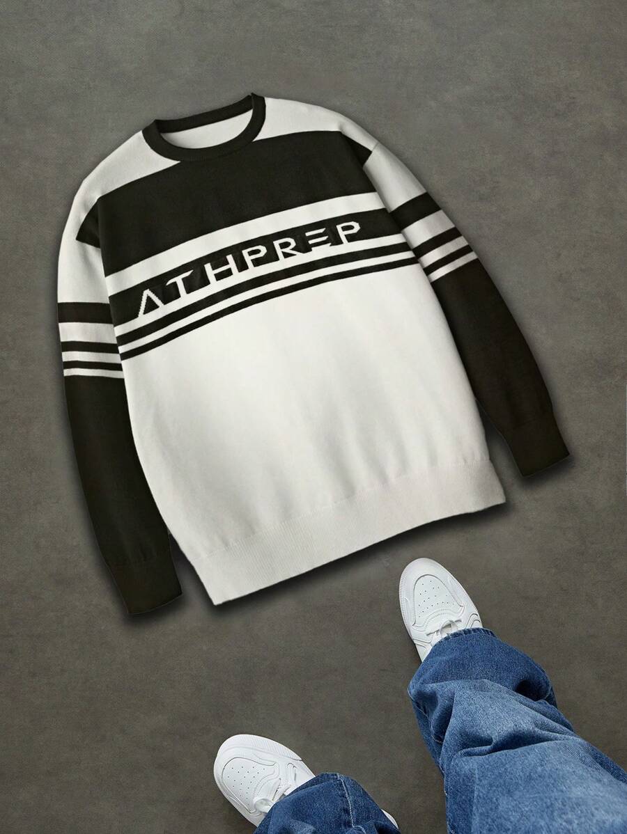 Manfinity Sporsity Men's Contrast Color Letter Print Crew Neck Long Sleeve Sweater