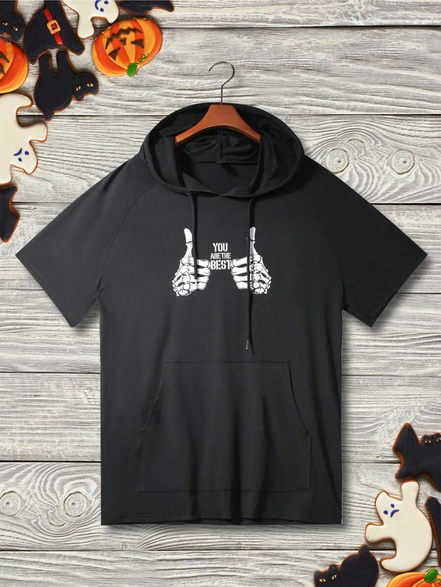 Manfinity Fitness Boyfriend Style Men Skeleton Hand Slogan Print Drawstring Hooded Short Sleeve Sports T-Shirt