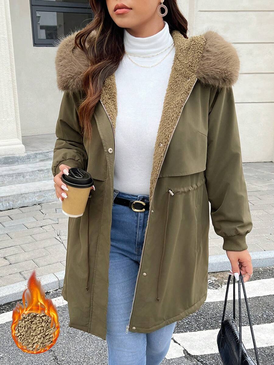 SHEIN Frenchy Manteau long rembourré décontracté pour femmes grandes tailles, vert armée, doublure thermique chaude, taille ajustable par cordon, poches, poignets côtelés coupe-vent, manteau d'hiver