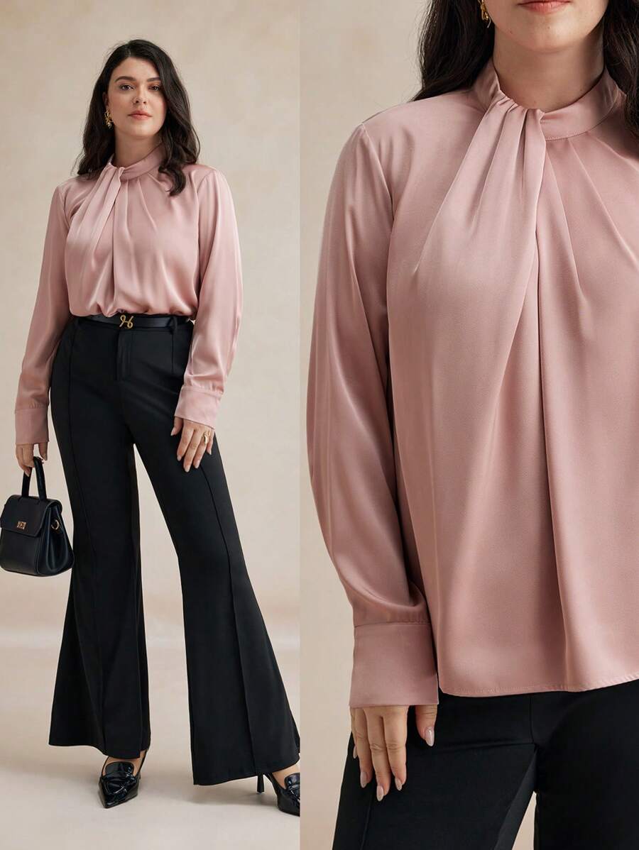 BizChic Plus Size Solid Color Woven Stand Collar Long Sleeve Casual Shirt Fall Women Outfits Winter Women Clothes