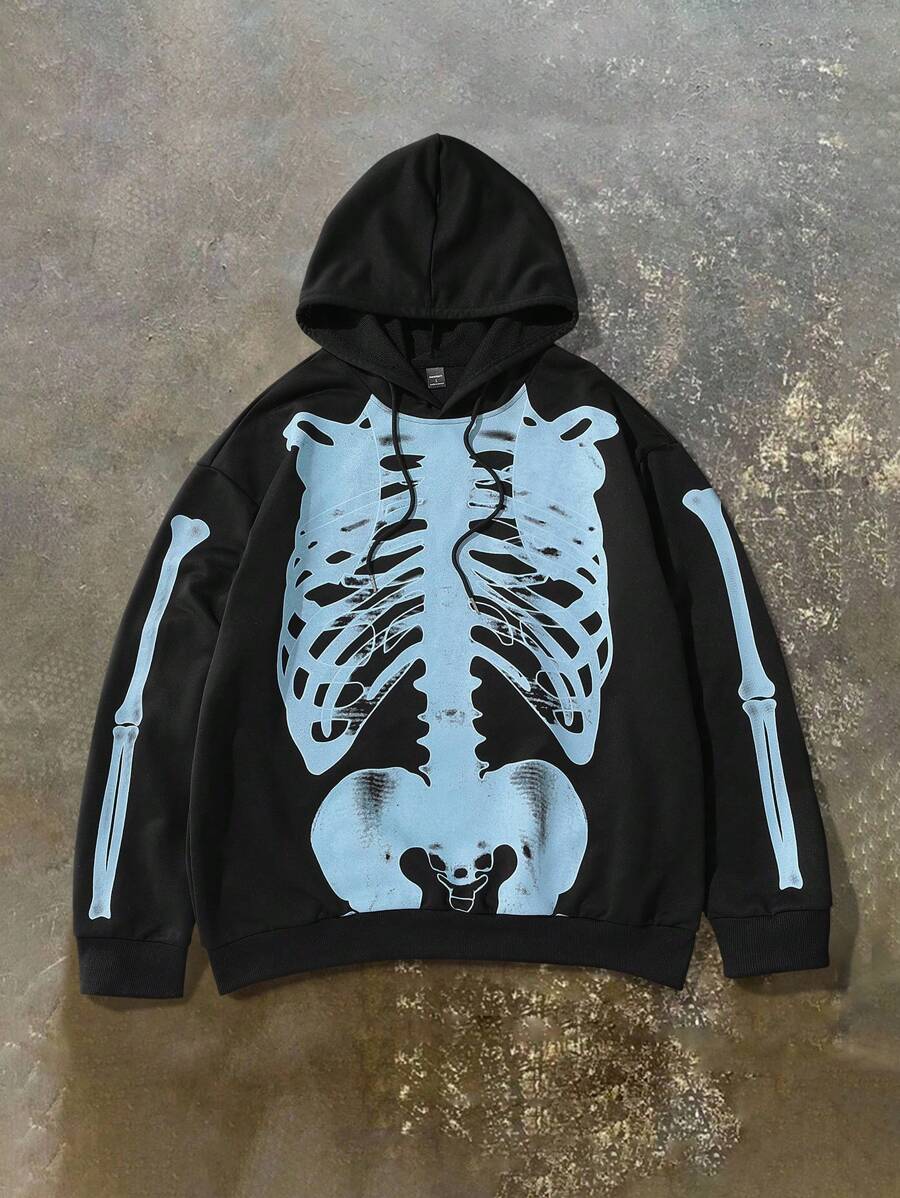 Manfinity EMRG Men's Skeleton Print Minimalist Hooded Sweatshirt, Casual For Daily Wear,Men's Hoodie ,Graphic Sweatshirt,Fall And Winter Men Clothes,Black Hoodie