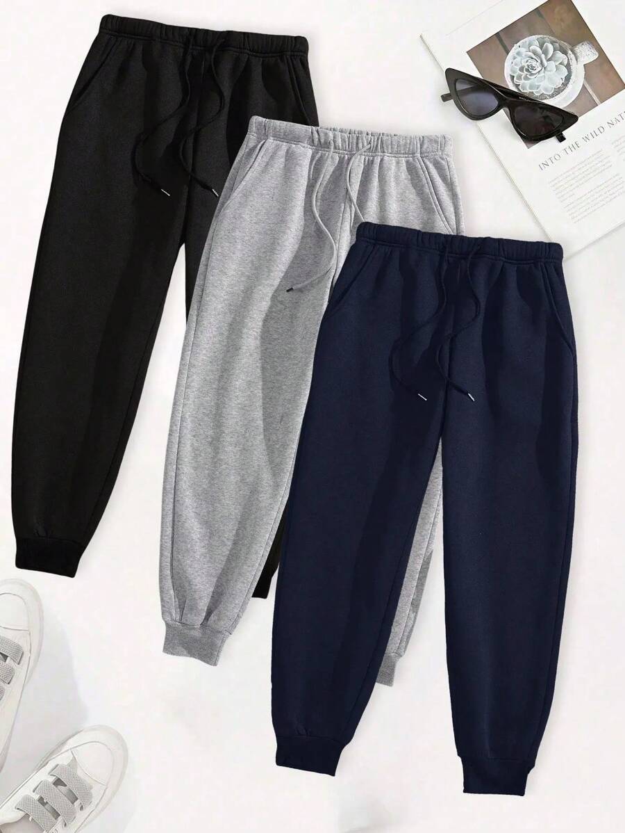 3pcs Men Casual Solid Color Drawstring Waist Oblique Pocket Jogger Sweatpants