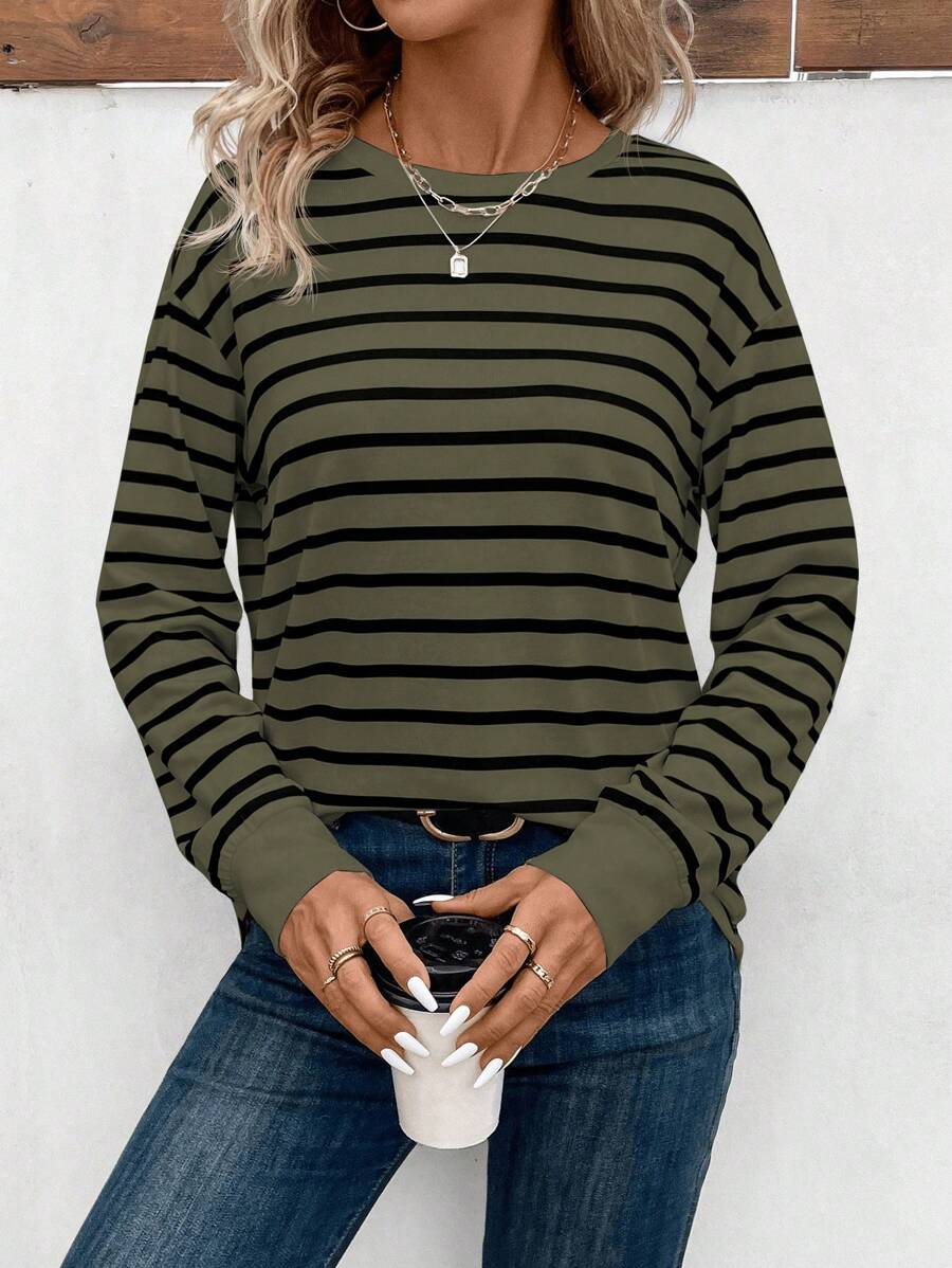 EMERY ROSE Casual Striped Drop-Shoulder Loose T-Shirt, Autumn Graphic Tees Women Tops