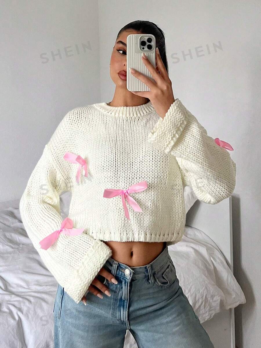 SHEIN EZwear Suéter informal de cuello redondo, manga larga, con detalle de lazo