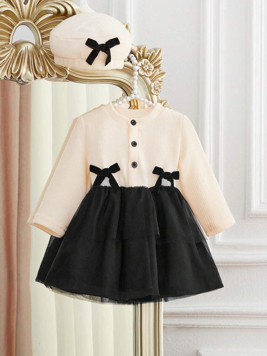 SHEIN Baby Girl Knitted Mesh Bow Decor Long Sleeve Cute Dress, Winter