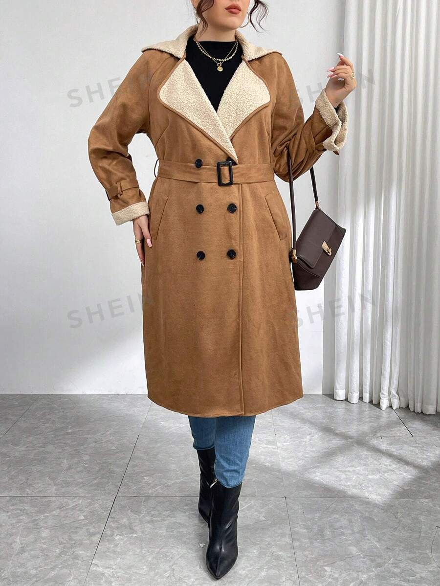 SHEIN LUNE Abrigo abotonado de doble botonadura con forro térmico de cuello alto informal, para otoño/invierno, tallas grandes