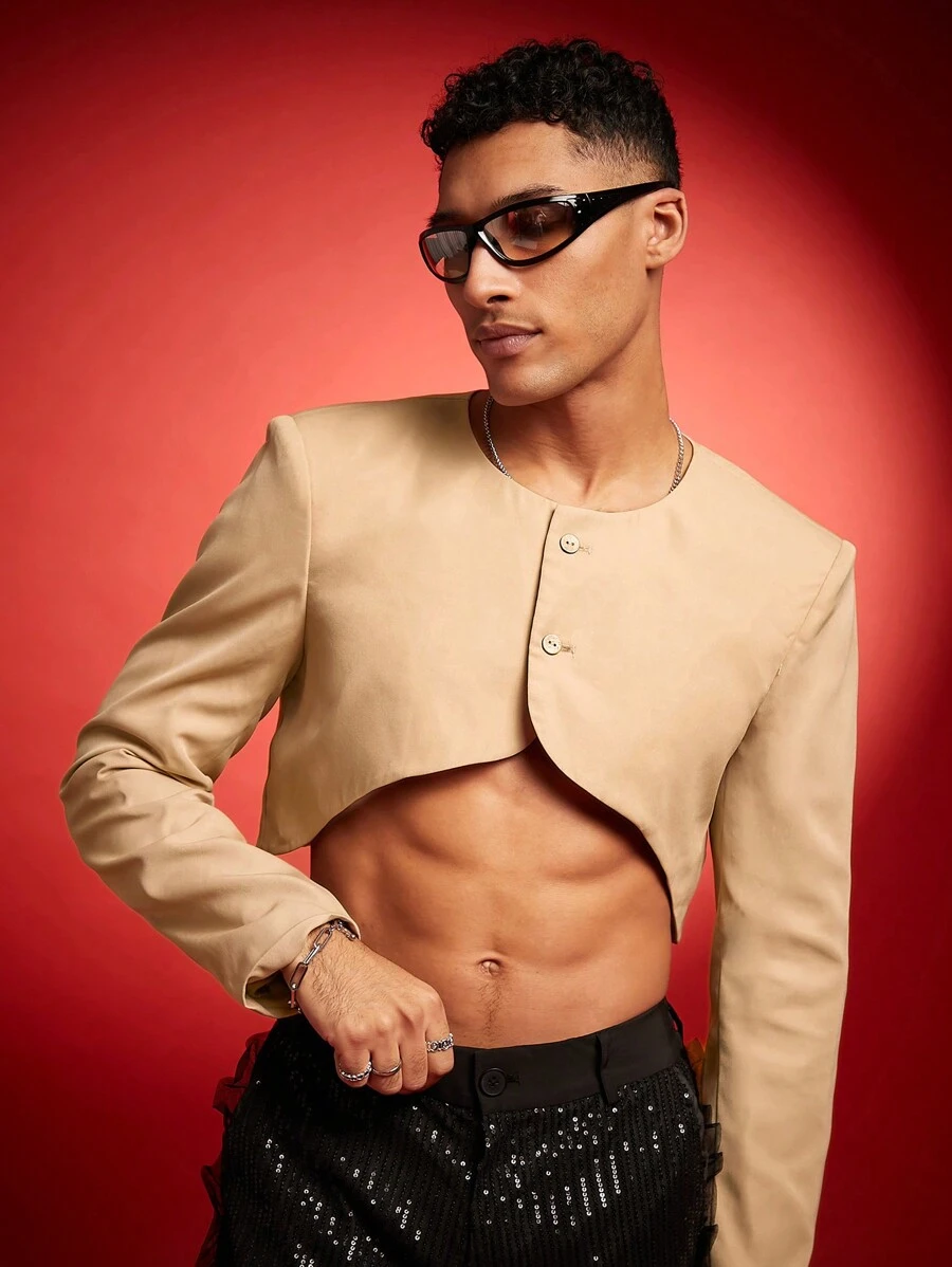 FeverCity Men's Loose Fit Short Cropped Long Sleeve Blazer