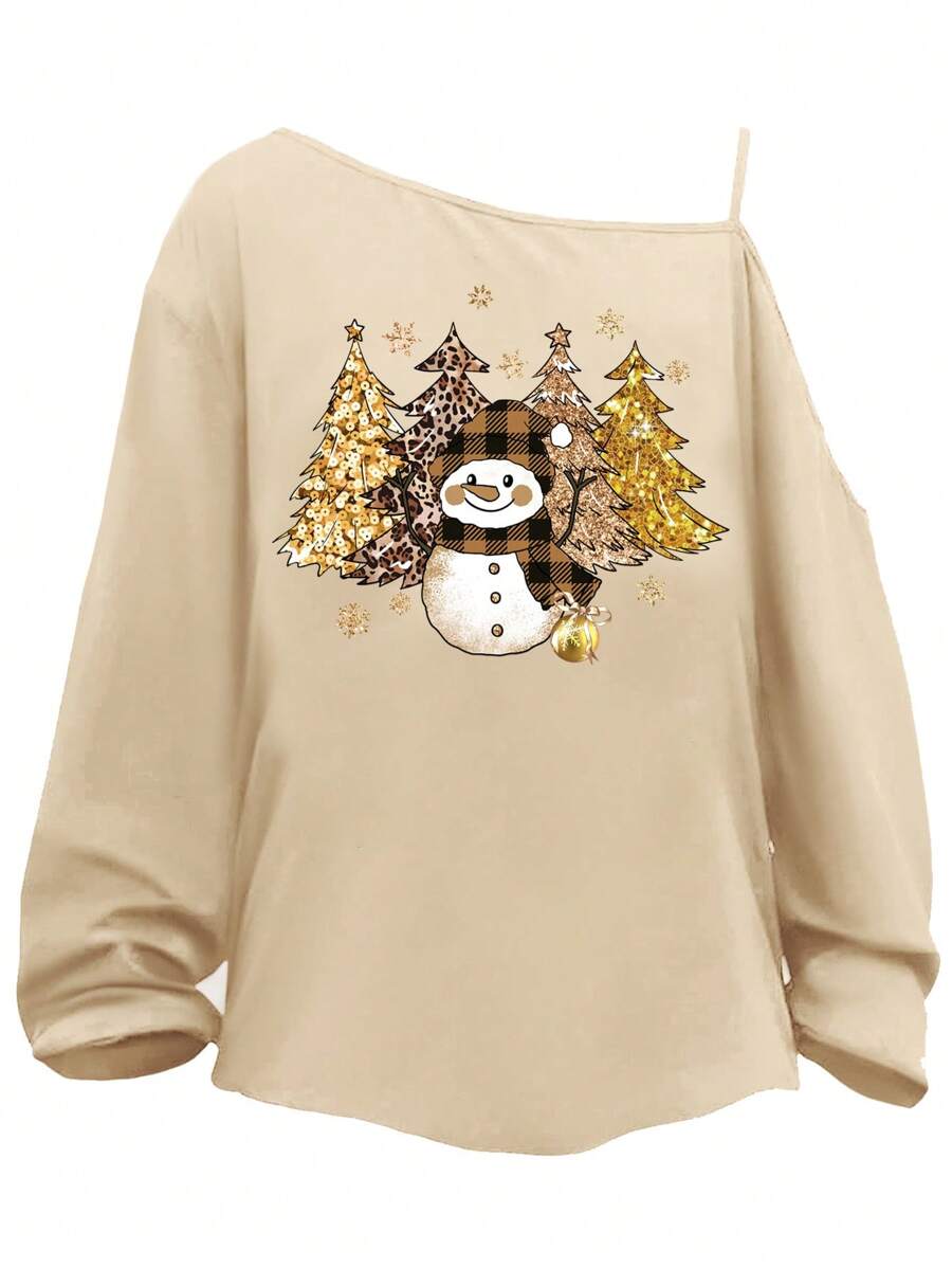 SHEIN LUNE Plus Size Women Christmas Pattern Loose Casual One Shoulder Long Sleeve T-Shirt, Autumn