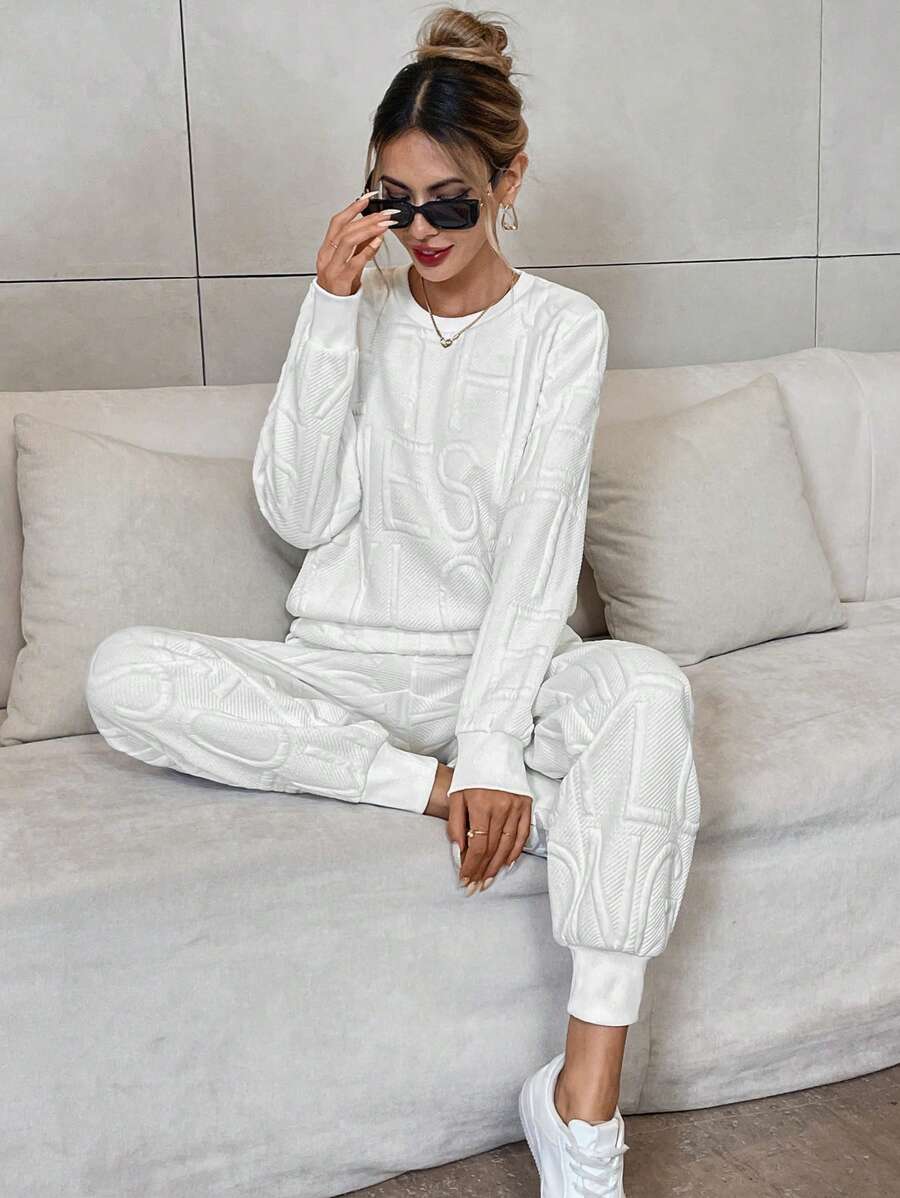 SHEIN LUNE 2pcs/Set Women Casual Letter Embossed Round Neck Long Sleeve Top And Pants Outfit, Loose Fit, Autumn