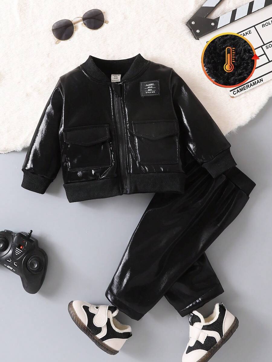 2pcs Baby Boys' Letter Patch Flap Detail Fleece Varsity Jacket & Sweatpants, Character, Long Sleeve, Street Wear, New York, Color Block,Autumn/Winter