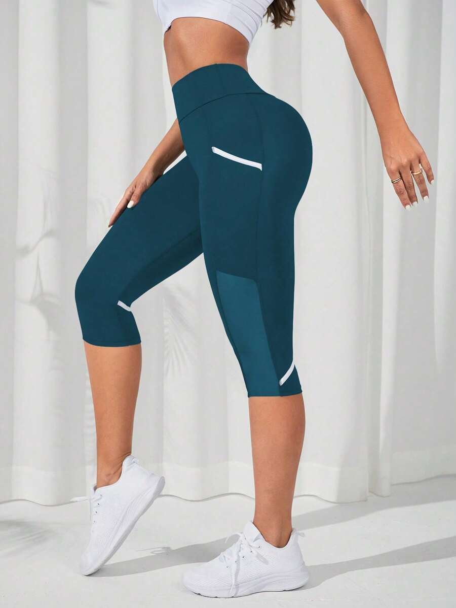 SHEIN Sports Leggings deportivos de malla en contraste bolsillo de celular de cintura ancha