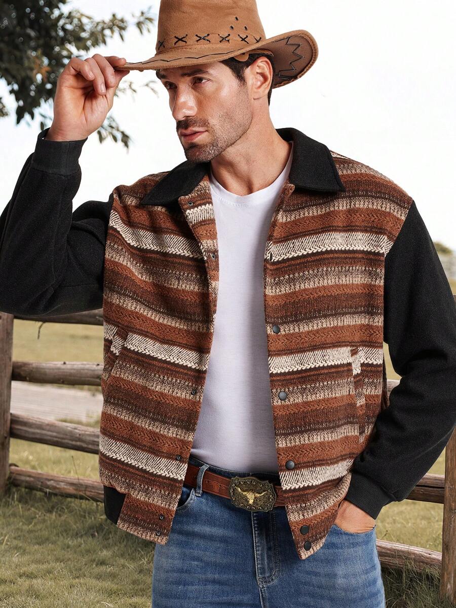 Manfinity RSRT Men's Knit Contrast Color Casual Jacket, Youthful ,Western Cowboy Denim Jacket ,Men Jacket ,Fall Men Clothes