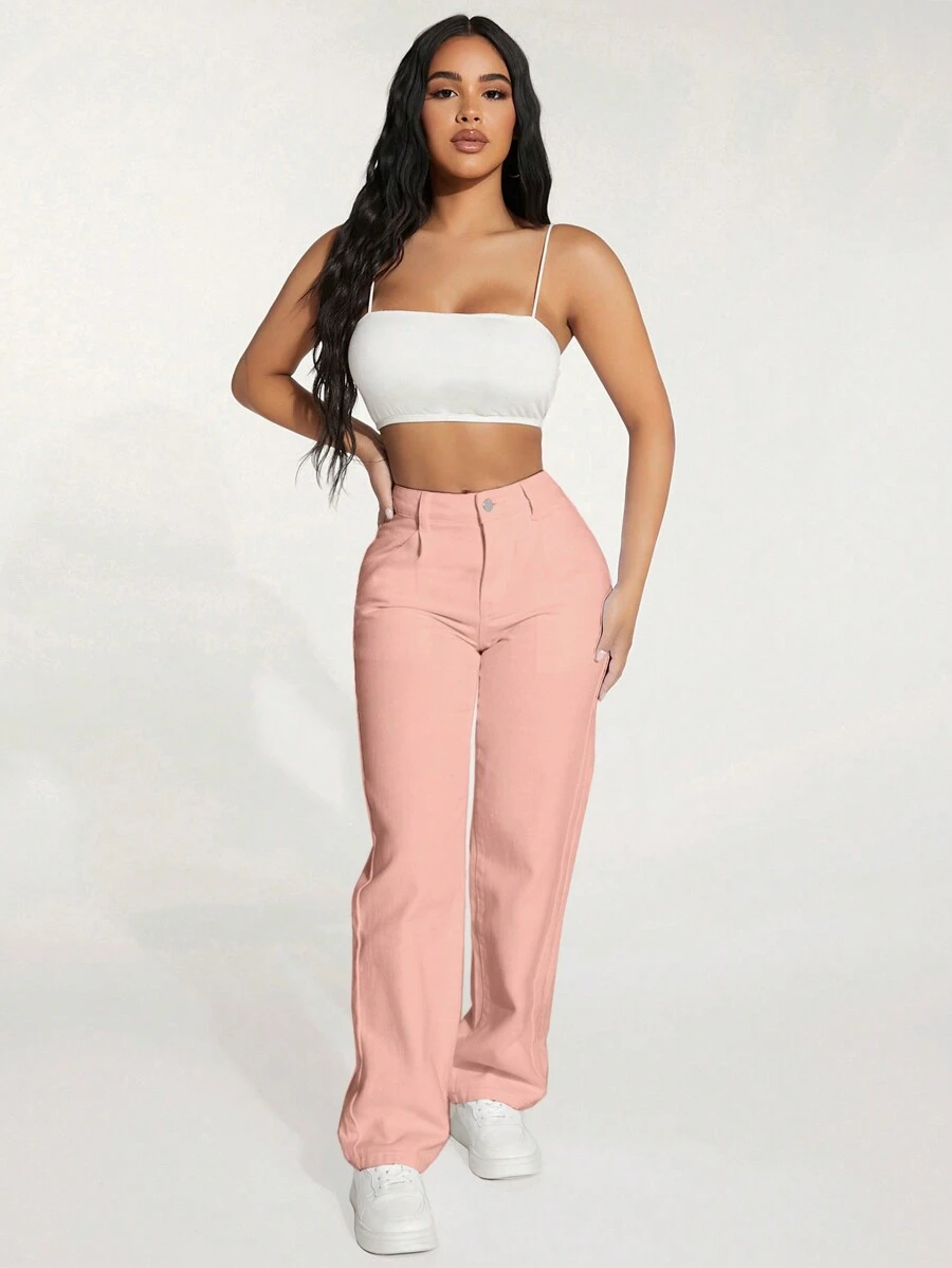 SHEIN PETITE Casual Solid Color Straight Leg Jeans With Oblique Pockets, For Autumn