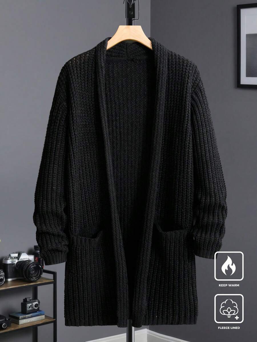 Manfinity Homme Men's Solid Color Casual & Versatile Long Sleeve Knitted Cardigan Going Out Drop Shoulder Plain Chunky Casual Oversize Plain Black Cardigan, For Husband, Boyfriend Gifts