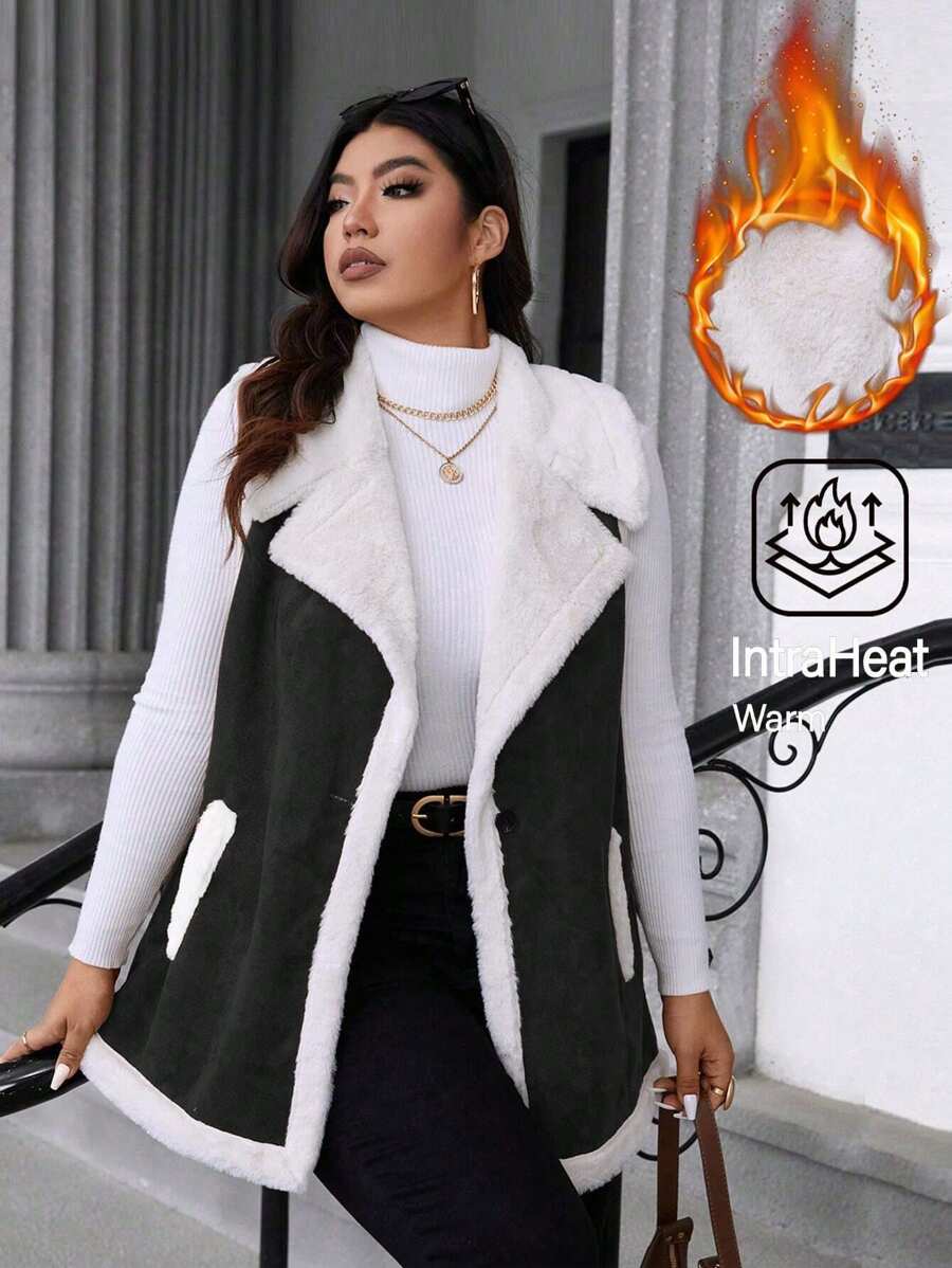 Calvaya Plus Size Fuzzy Patchwork Sleeveless Pocket Casual Jacket, For Winter