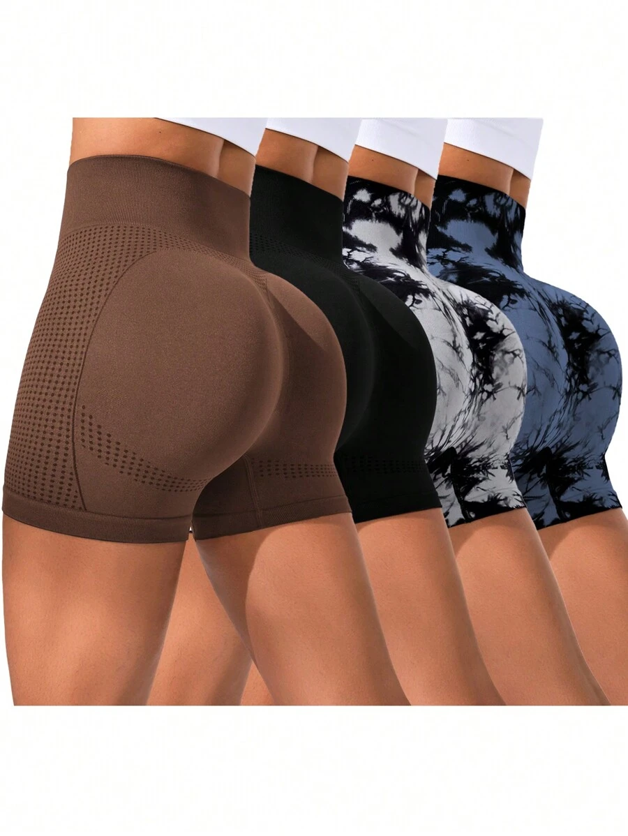 4pcs Women Batik Yoga Shorts, High Waist Butt Lifting, Sports Gym Workout ShortsWomen Sweat Short, Gym Short, Biker Short